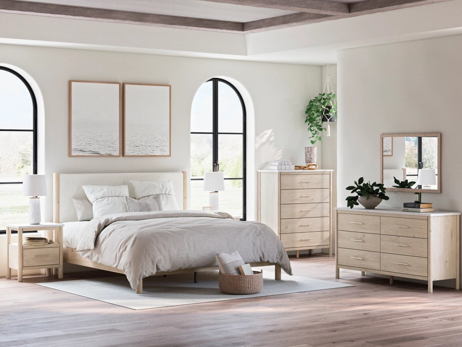 Mori Upholstered Panel Bed With Dresser & Mirror - Lifestyle Furniture