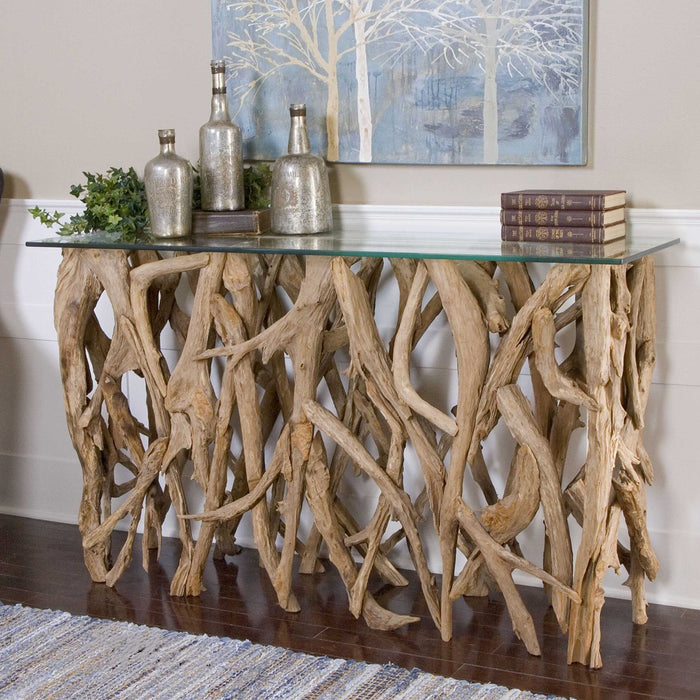 Console table is a carefully crafted organic accent piece, made with natural teak wood and clear glass - Lifestyle Furniture