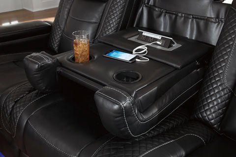 the Ultra sofa is a modern design with reclining seating, back cushions and a special cross-hatch texture with black faux leather seat and back cushions - Lifestyle Furniture