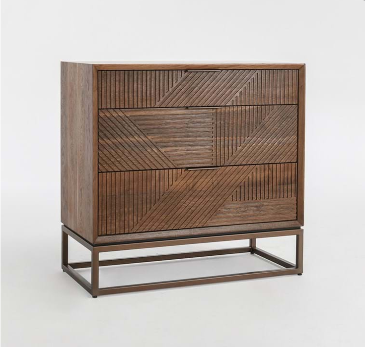 dresser with linear pattern, iron base and 3 drawers with quality craftsmanship all in an appealing brown finish - Lifestyle Furniture