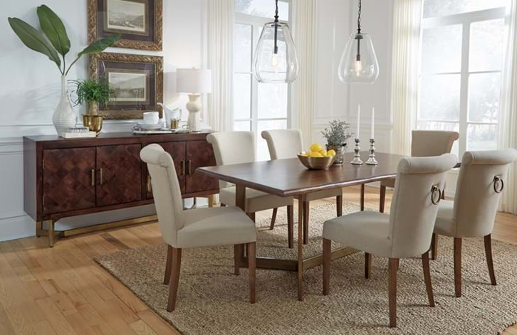 warm tone Upholstered Dining Chair with brass ring detail- Lifestyle Furniture