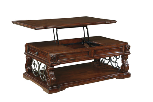 The rustic finish and clean lines of these occasional tables are enhanced by a unique lift top cocktail table, which becomes the perfect height for a morning cup of coffee.