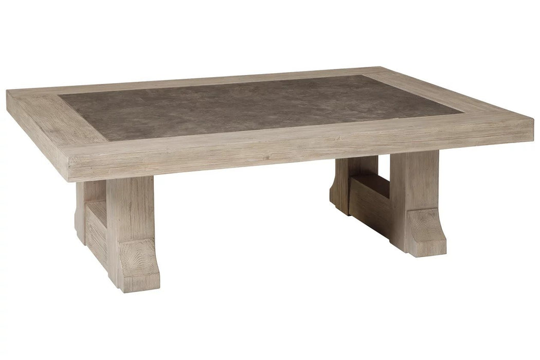 The base is made of rustic pine with a grey finish, with a tabletop featuring a melamine inset panel - Lifestyle Furniture