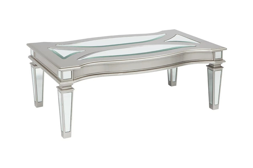 Made of wood and engineered wood in a silver finish, it has beveled mirrored glass insets on each table - Lifestyle Furniture