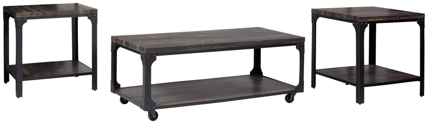 Vintage barn wood effect is heightened by metal frames with rivet head accents and rolling casters on the coffee table, while the two end tables feature a shelf each - Lifestyle Furniture