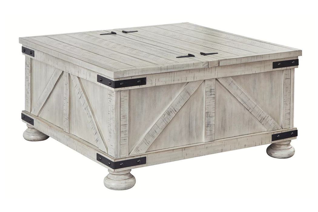 A lift-up top on the wood coffee table opens it up to create extra storage space below - Lifestyle Furniture