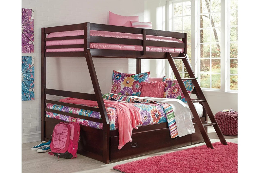 This twin/full bunk bed is a stylish place to rest on top or below. Made from solid wood, this piece is finished in a sleek brown with clean lines that are sure to stand the test of time.