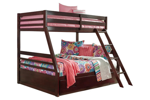 This Twin/Full Bunk Bed is constructed of hardwoods, displaying a contemporary and simple design. The brown finish complements any kid bedroom setting.