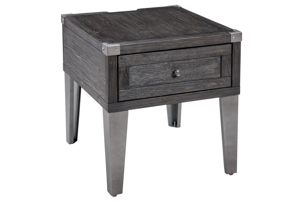 Grey wood veneer tops with a slightly distressed finish stand out against the dark brown solid wood legs for a bold yet natural look.