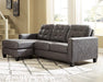 The Isla Sofa Chaise is a contemporary style sofa that can transform into a chaise lounge. Its cushions are covered in polyester, available in grey. 
