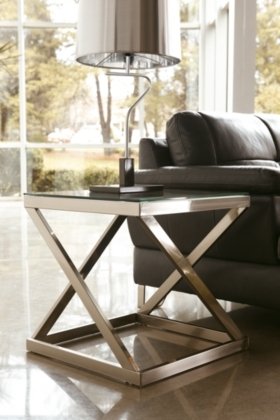The spacious square table tops are made from clear glass that allows the metal bases to show through.