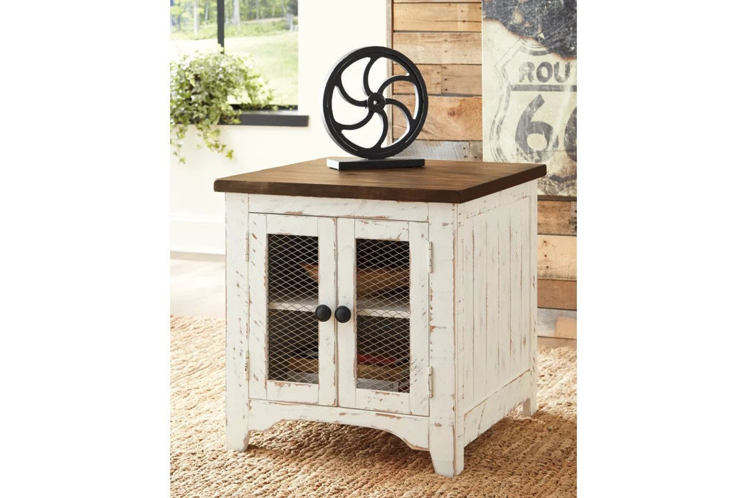 This coffee table and end table feature a farmhouse-inspired distressed look, and are constructed of wood, with a brown-and-white finish - Lifestyle Furniture