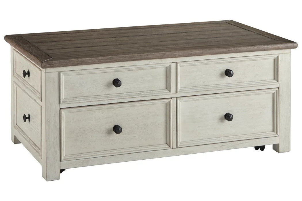 Enjoy the charming rustic look of this occasional table set that features a farmhouse style, two tone color, and an end table with a lift top to reveal a hidden storage compartment - Lifestyle Furniture