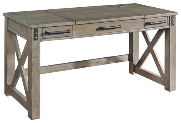 Style and organization come together in this Farmhouse L-shaped desk. A wooden frame supports the roomy workspace, while a power lift top provides generous storage space.