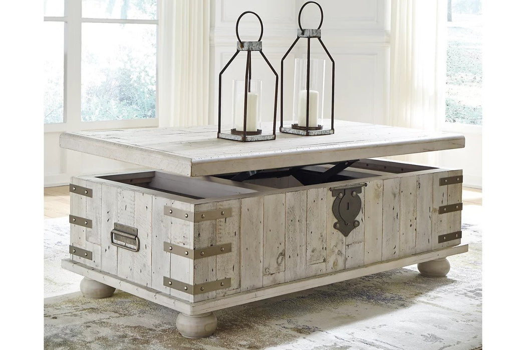The end table features a farmhouse style light gray wash finish with turned legs and a lift-top coffee table is the perfect height for setting down drinks - Lifestyle Furniture