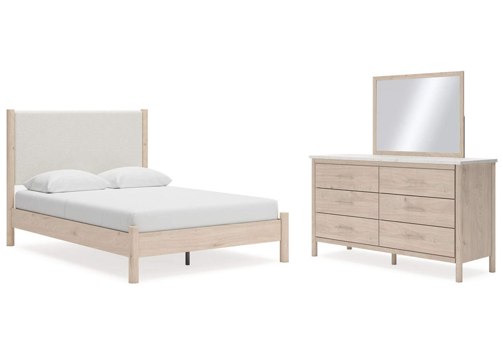 Mori Upholstered Panel Bed With Dresser & Mirror