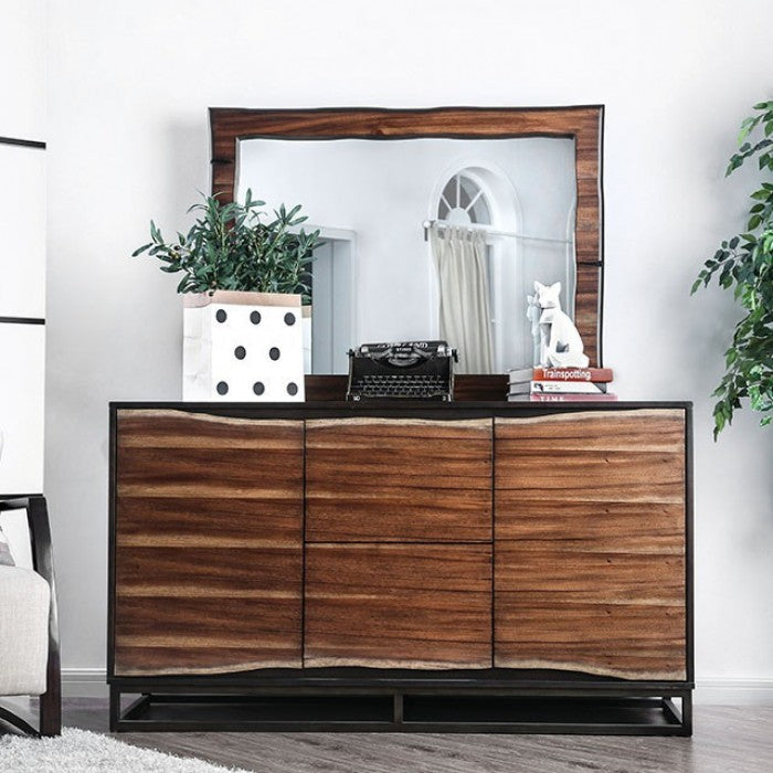 Crafted from solid wood and featuring contrasting two-tone color palette of dark oak and dark walnut finish, this bedroom set includes a bed, dresser, mirror, chest and nightstand for all you need to complete your master room or guest room - Lifestyle Furniture