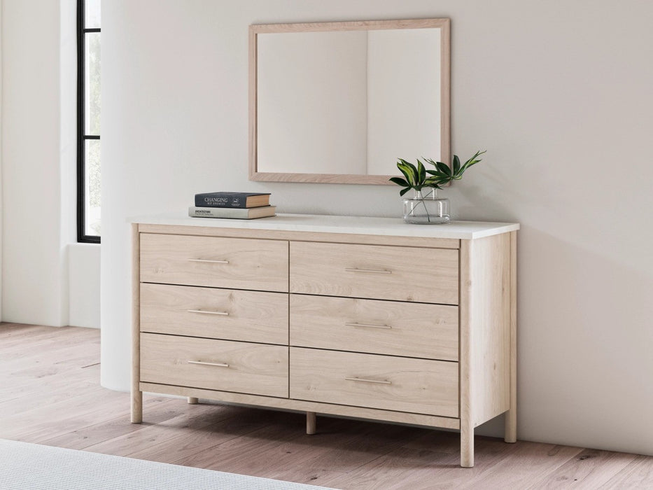 Mori Upholstered Panel Bed With Dresser & Mirror