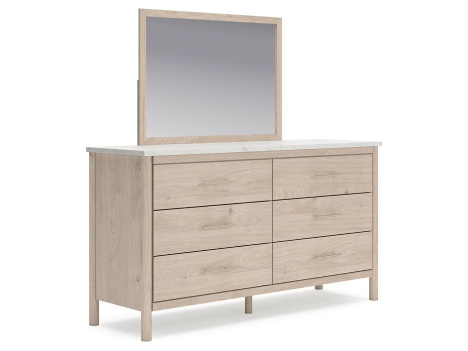 Mori Upholstered Panel Bed With Dresser & Mirror