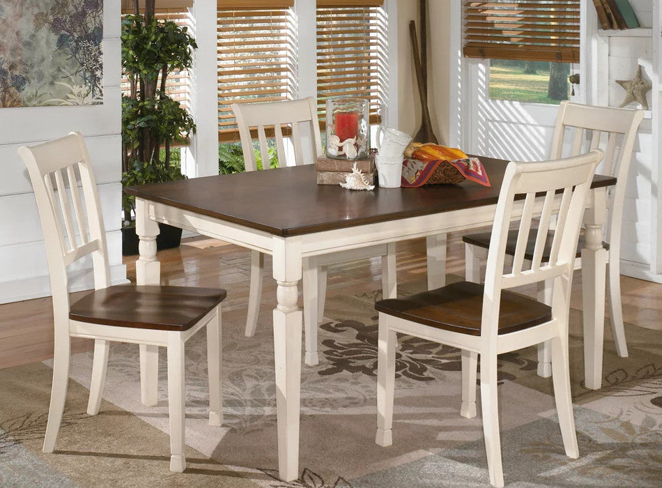 slatted side chair and rectangular table wood dining set in cream and brown finish - Lifestyle Furniture