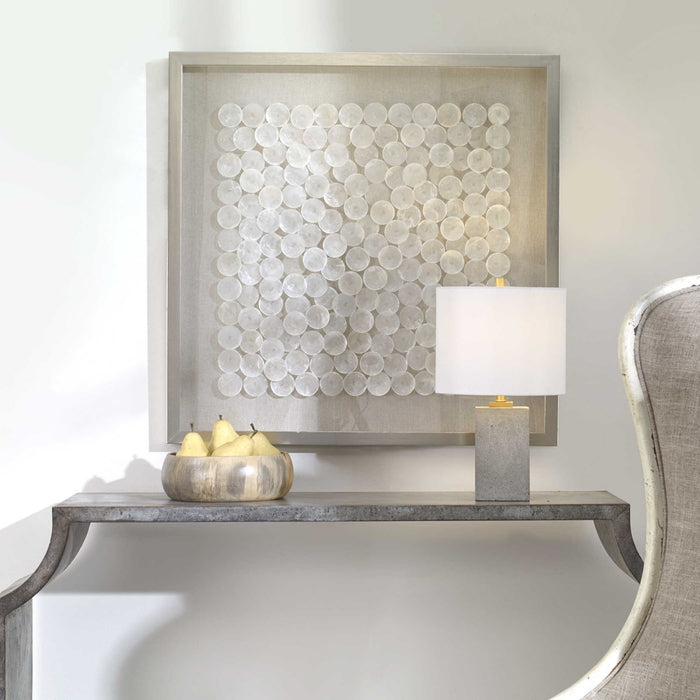 The natural layered capiz shells shimmer in a flax tone linen backing, framed by a pine wood frame finished in brushed silver - Lifestyle Furniture