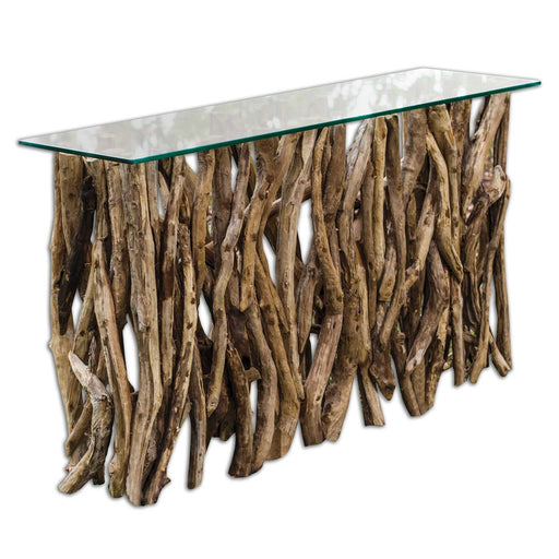 Made of natural teak wood, this console table is crafted from its natural form into an artistic and precisely honed sculpture beneath clear glass - Lifestyle Furniture