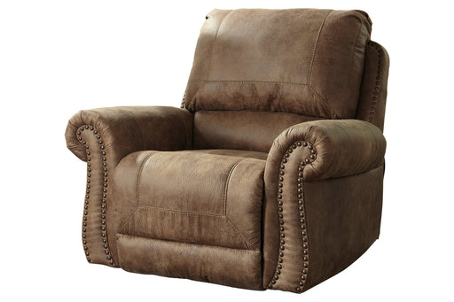 The Naihead trim design and matching brown finish of this recliner provide an elegant addition to any living space, and stylish faux leather upholstery provides a chic look - Lifestyle Furniture