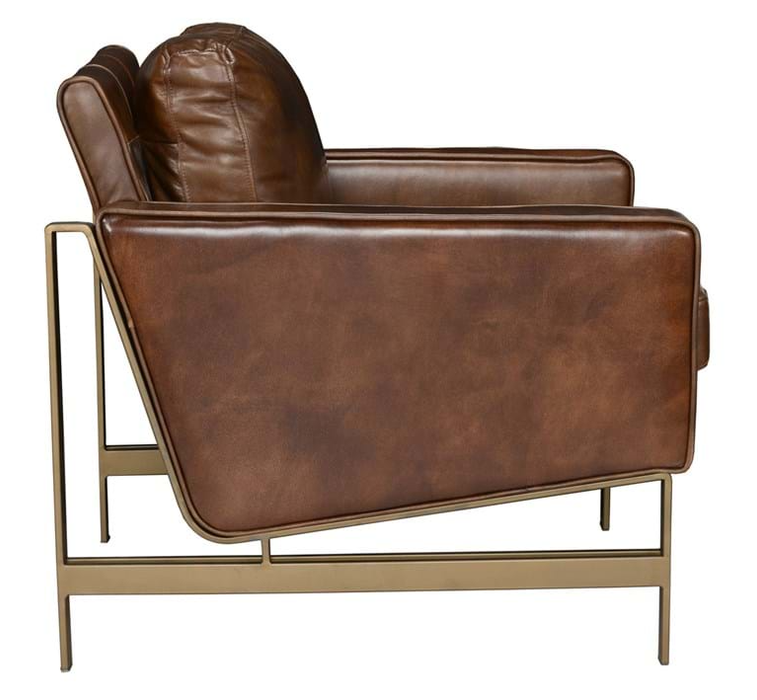 this accent chair fully upholstered in top grain leather, it displays a dark brown finish over its metal base - Lifestyle Furniture