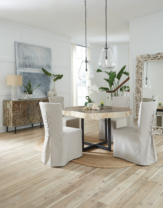 curved top, piping, and four ties on the back slipcover Upholstered Dining Chair Beige - Lifestyle Furniture