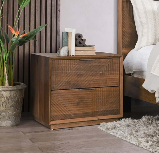 Made from oak wood with a brown finish, the nightstand has a carved linear pattern in front that adds an attractive look and makes it easy to clean - Lifestyle Furniture