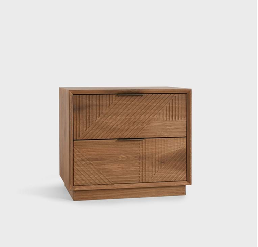 Featuring a linear pattern carved in front, 2 drawers, and oak wood/brown finish nightstand - Lifestyle Furniture 