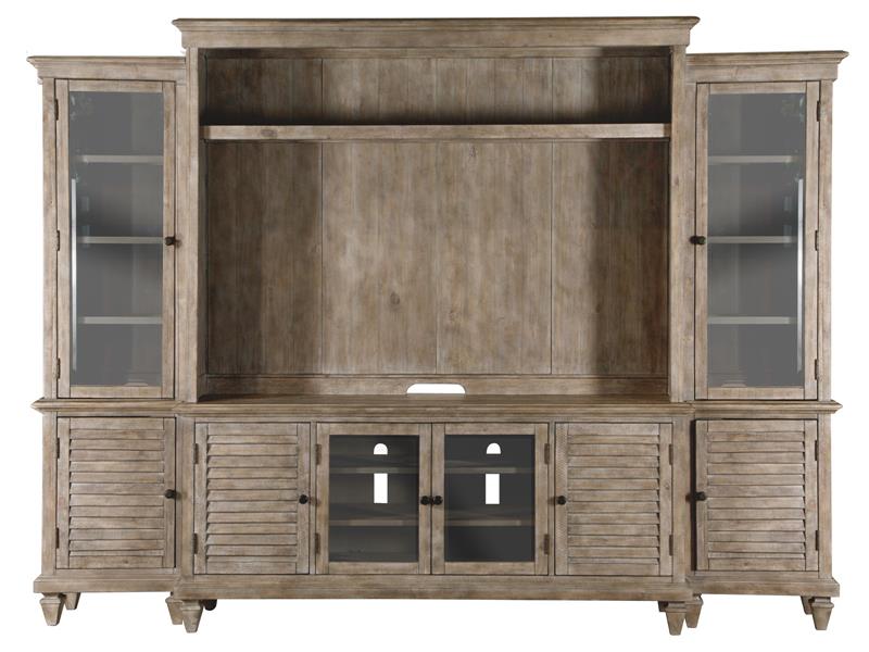 This beautiful rustic Lancaster Entertainment Wall is made with pine solids and veneers with glass and wood doors and has a gray finish - Lifestyle Furniture