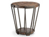 The medium brown wood finish, metal accents and metal legs of this round end table make it a handsome addition to a rustic décor. 