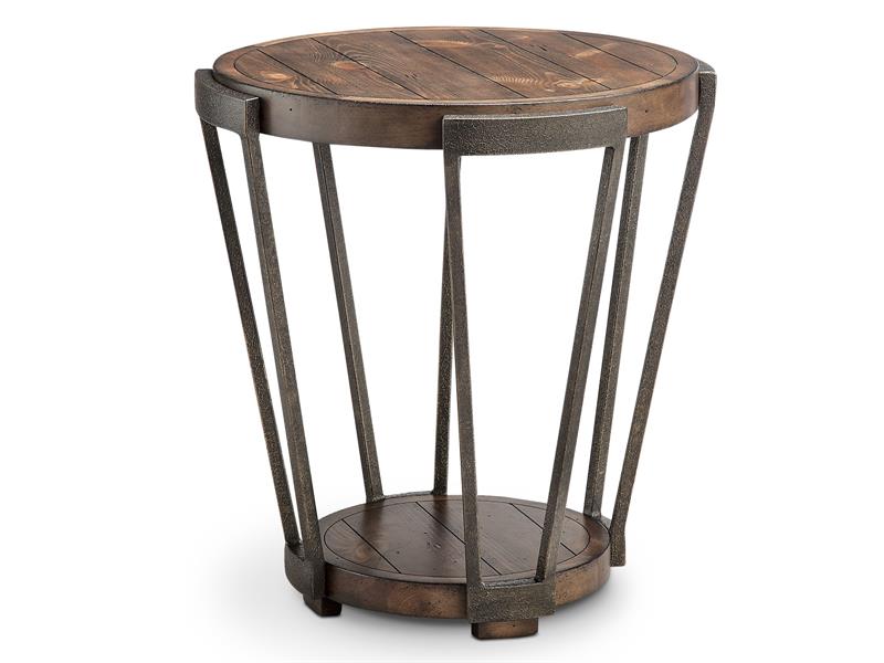 The medium brown wood finish, metal accents and metal legs of this round end table make it a handsome addition to a rustic décor. 