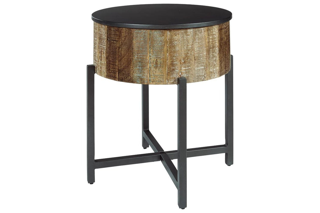 Built from mango wood and engineered wood with a touch of metal, this end table and round coffee table offer the stability and simple styling following in traditional designs - Lifestyle Furniture