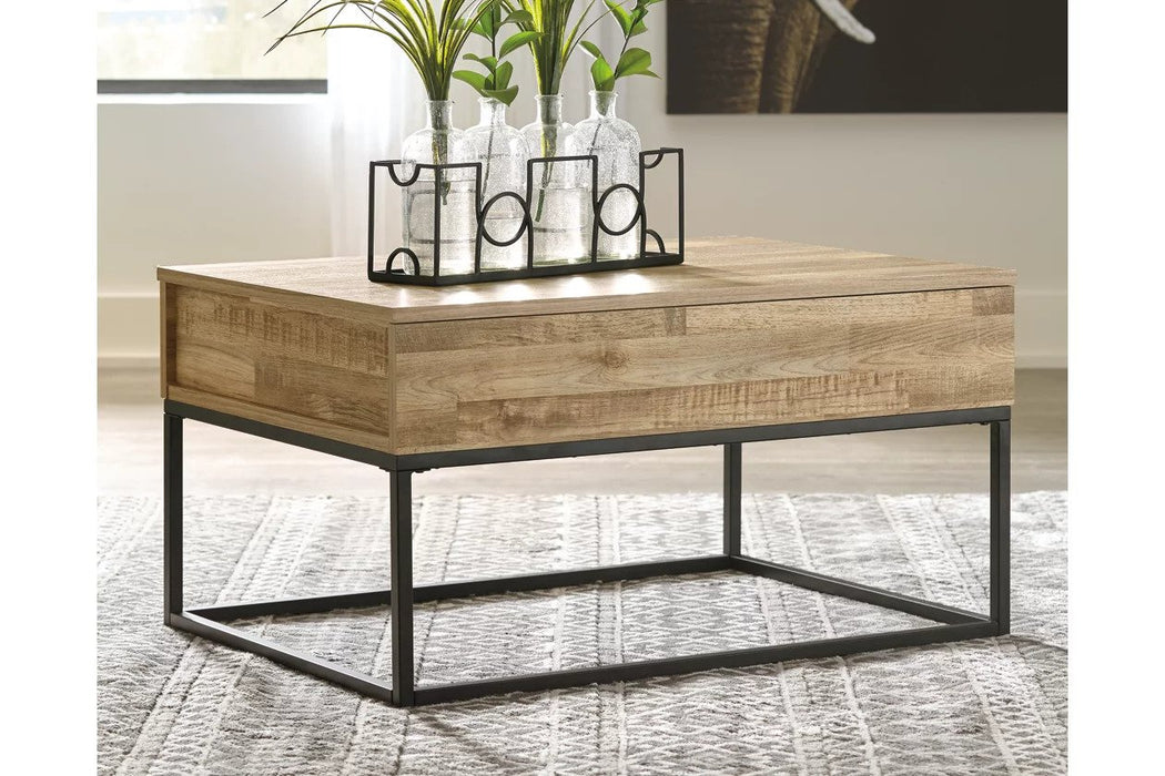 Its end table and coffee table are rustic style, brown finish, lift top coffee table with metal base - Lifestyle Furniture
