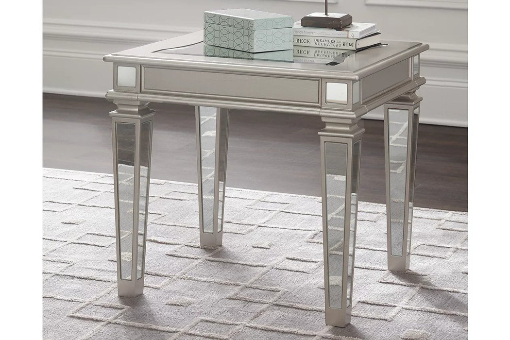 Casual style round end table and coffee table feature beveled mirrored glass insets, round end table has an open shelf for display, and coffee table offers an ample work surface - Lifestyle Furniture