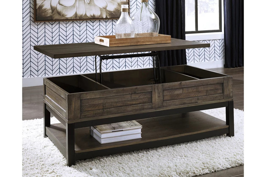 Finished in a distressed brown and black metallic, they feature two square end tables and a spring-lift top coffee table that allows you to place items underneath which are out of reach of children - Lifestyle Furniture
