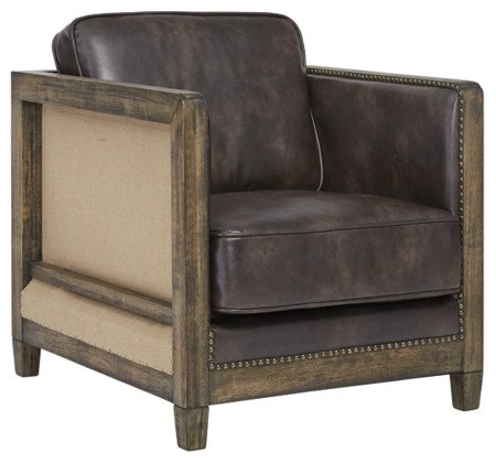 This stylish chair's deconstructed design combines antiqued brown wood with a two-tone, brown faux leather upholstery effect. With its high shelter arms, it's so hip to be square - Lifestyle Furniture