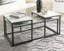 With a faux Carrera marble table top and shelf, this three-piece set comes complete with a black powder coated metal frame for long-lasting good looks - Lifestyle Furniture