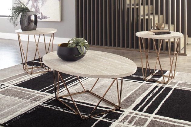 this group includes a coffee table and 2 side tables that feature faux marble tops and light goldtone metal bases - Lifestyle Furniture