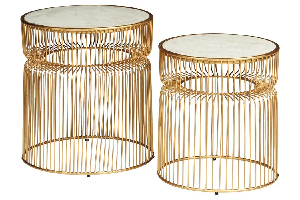 Our accent table set offers unique style with a sculptural goldtone metal base and white marble tabletop - Lifestyle Furniture
