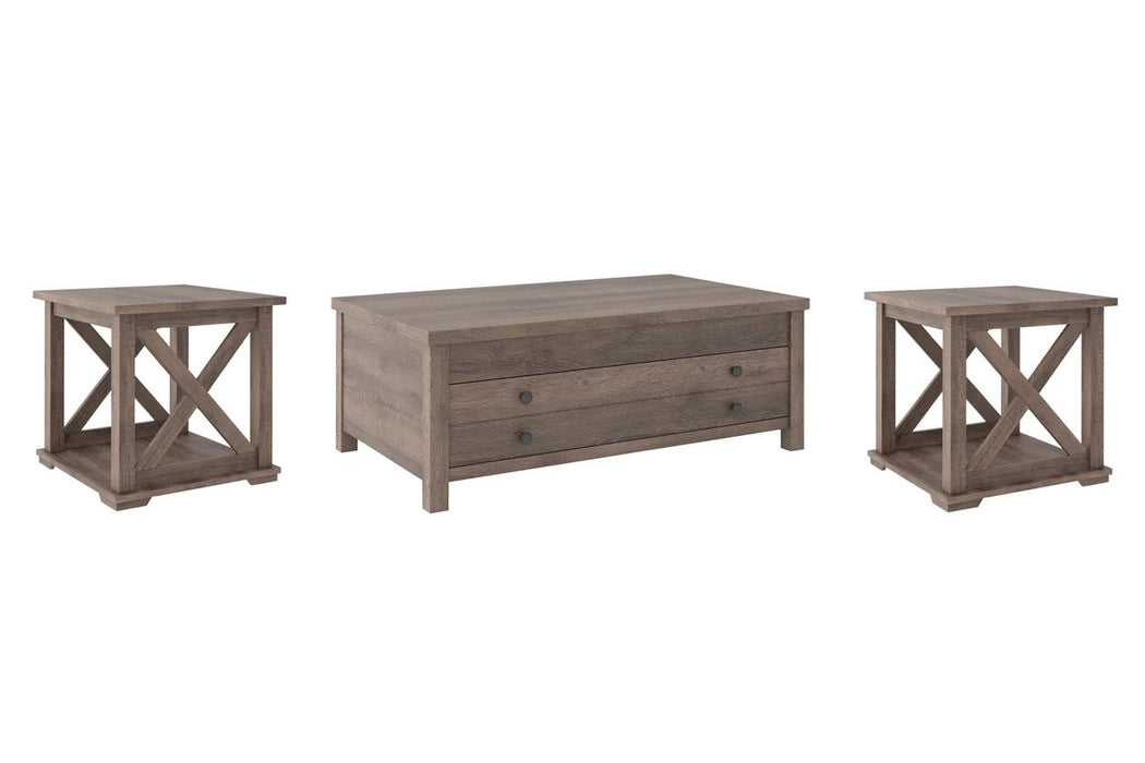 The Arlenbry 3-Piece Occasional Table Set features an open design with a sleek, warm and rustic look.
