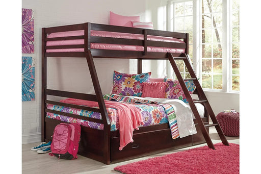 This twin/full bunk bed is a stylish place to rest on top or below. Made from solid wood, this piece is finished in a sleek brown with clean lines that are sure to stand the test of time. 