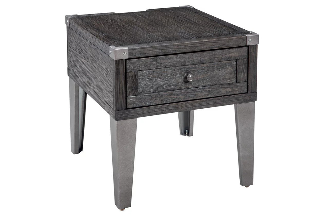 Grey wood veneer tops with a slightly distressed finish stand out against the dark brown solid wood legs for a bold yet natural look. 