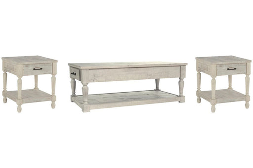 Featuring a farmhouse, distressed light gray finish, plank-like boards and a 1 drawer end table - Lifestyle Furniture