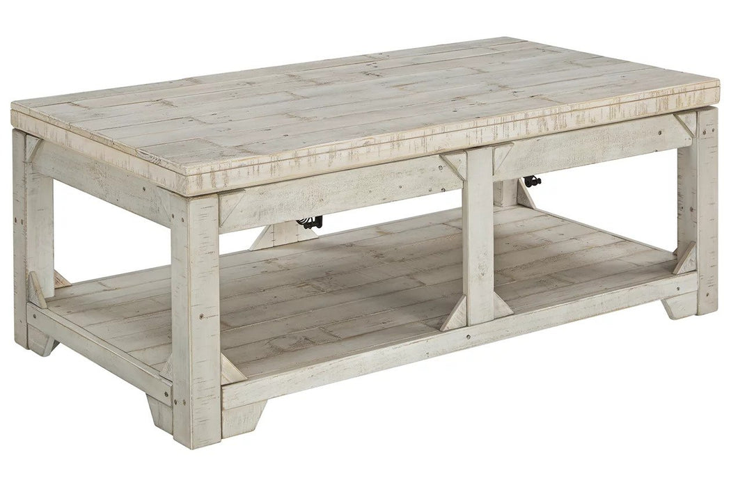 Made from wood and veneers, this set features a weathered finish that brings a rustic look to your space
