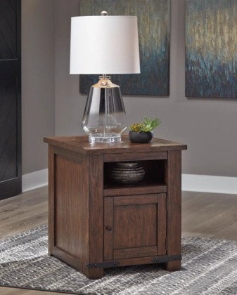  Featuring sleek lines and a rich brown finish, this versatile occasional table set has a built-in USB charging port to keep you powered up while you enjoy its classic style.