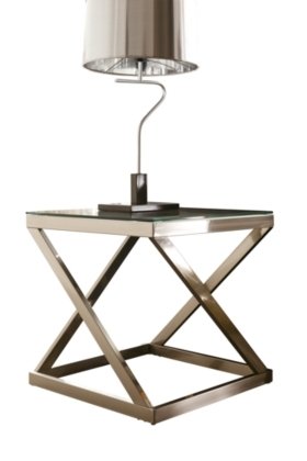 Taking inspiration from mid-century design, two end tables combine metal frames, with glass tabletops, to create a warm and inviting centerpiece for your seating area.