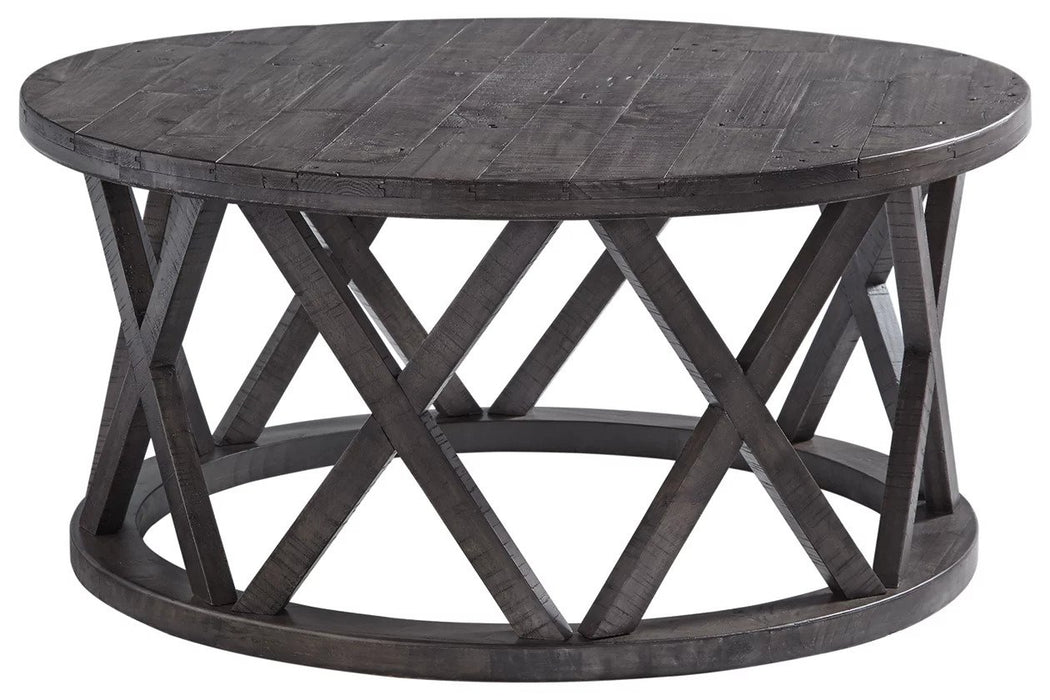 The wood finish and rustic design give this table set a unique look.